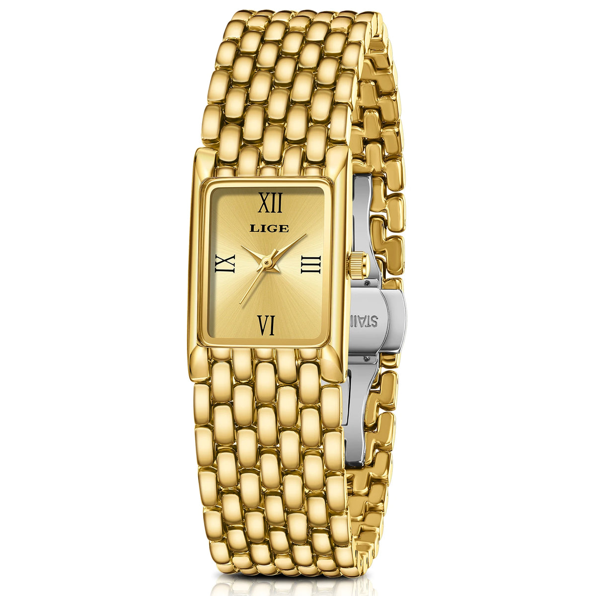 Women's Rectangular Roman Dial Bracelet Watch — Gold-tone rectangular watch — BandsCo Straps