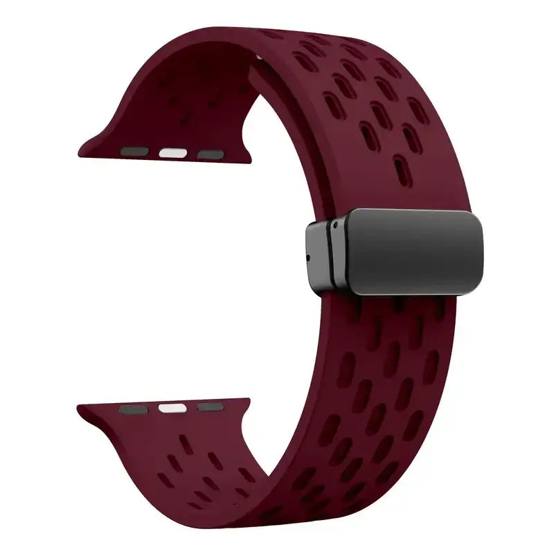 Burgundy perforated silicone Apple Watch band with magnetic clasp