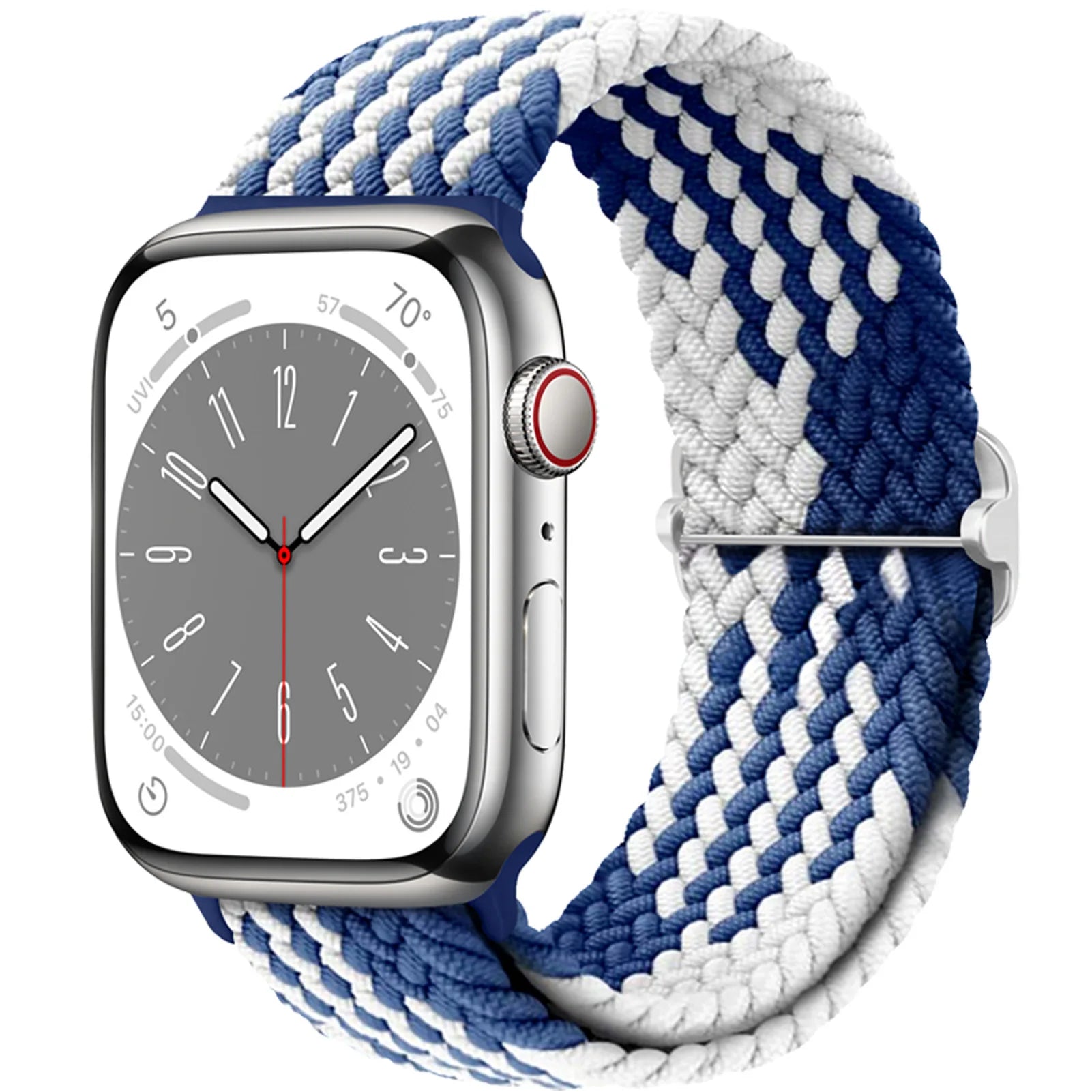 Apple Watch with a braided blue and white nylon strap, showcasing comfort and style for daily wear.