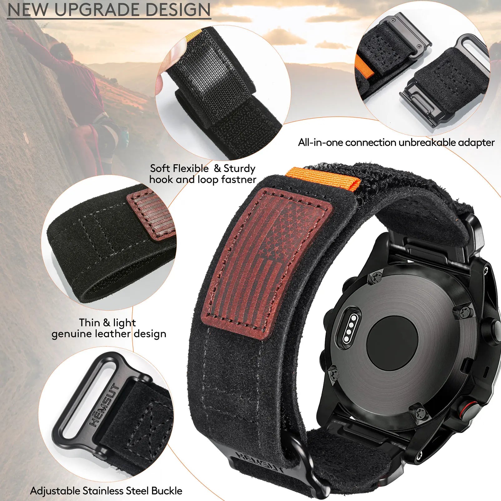 Garmin watch band featuring a leather design, adjustable buckle, and hook and loop adapter for quick fitting and comfort.