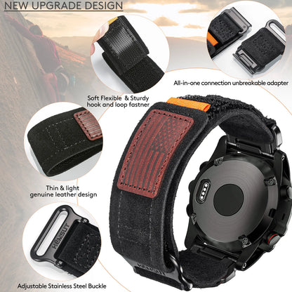 Garmin watch band featuring a leather design, adjustable buckle, and hook and loop adapter for quick fitting and comfort.