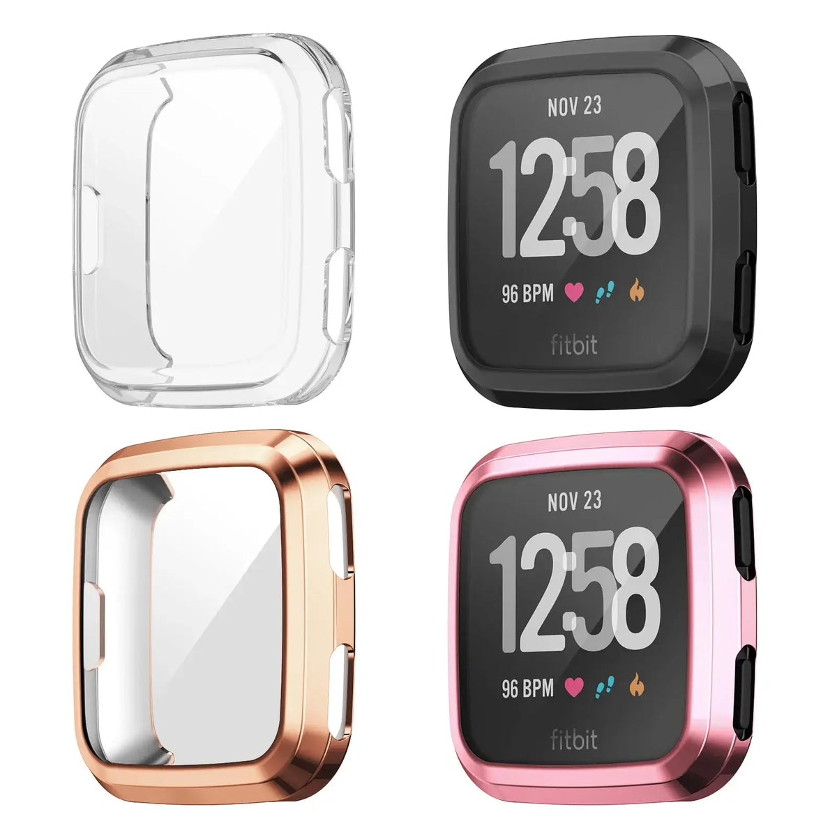 Four stylish cases for Fitbit Versa and Sense in clear, black, rose gold, and pink, showcasing luxury and protection.