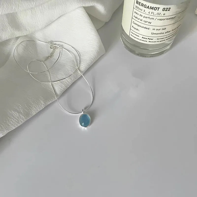 Oval Blue Simulated Moonstone Pendant Necklace, 925 Sterling Silver, photo 1