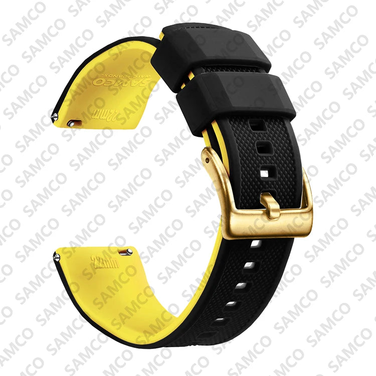 COROS Textured Silicone Watch Band with Buckle Choices - Black / Yellow - Gold Buckle