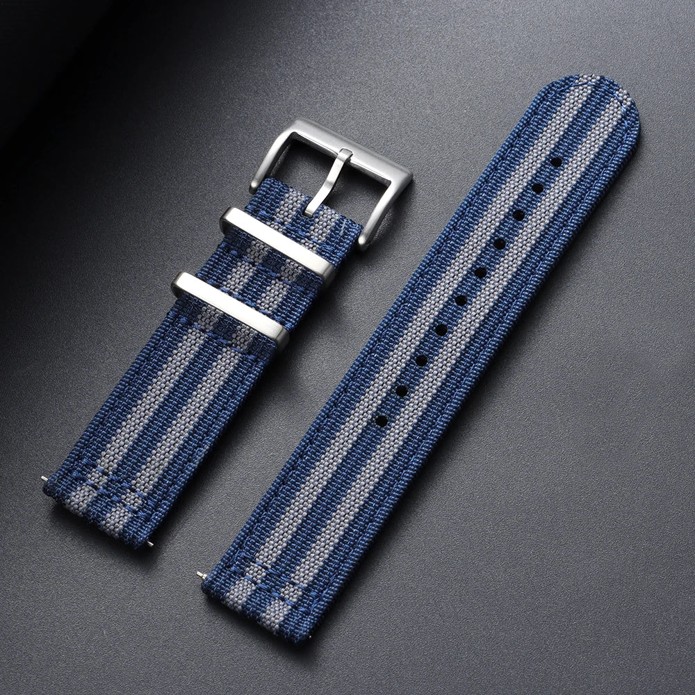 OnePlus Smartwatch Bands Ribbed Nylon Woven Canvas Fabric Quick Release Watch Straps in navy blue with silver buckle.