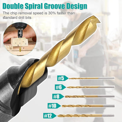 Spiral groove pilot drill bits in 5 sizes