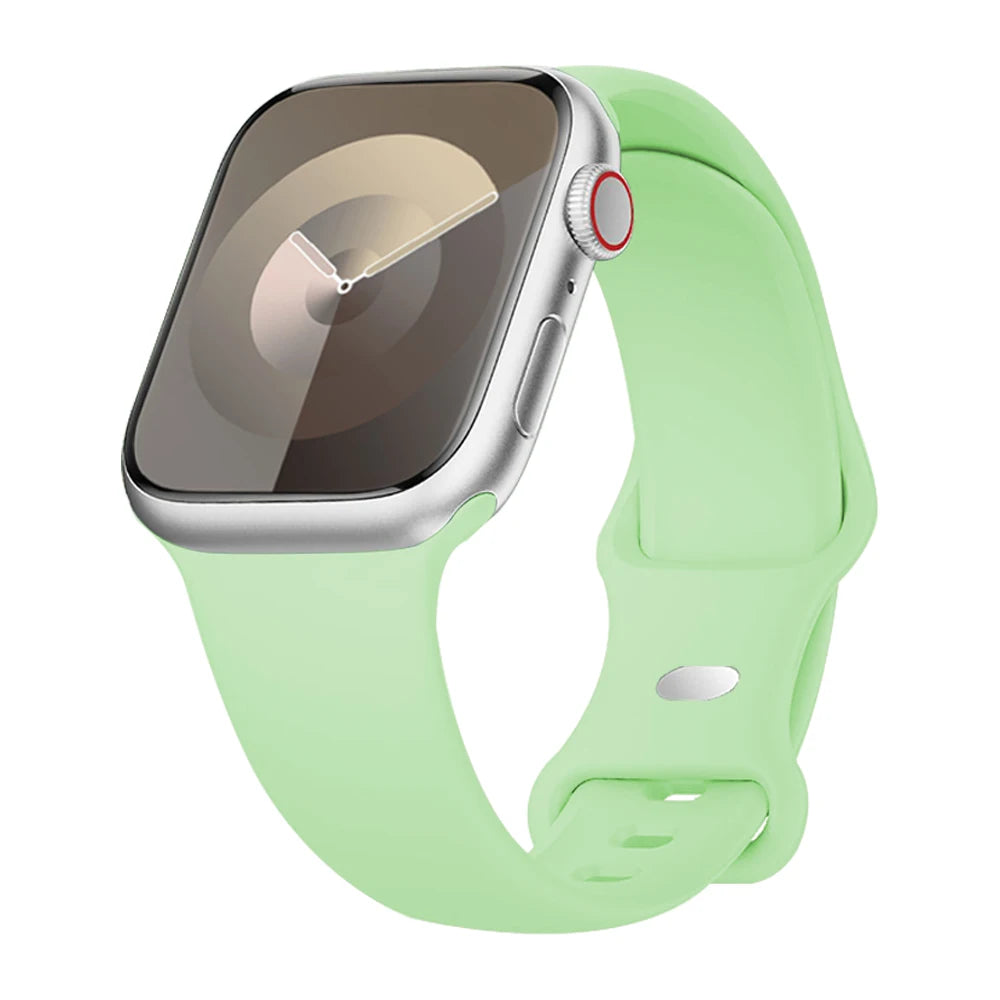 Apple Watch with mint green silicone strap, soft and flexible, waterproof design for comfort and style.