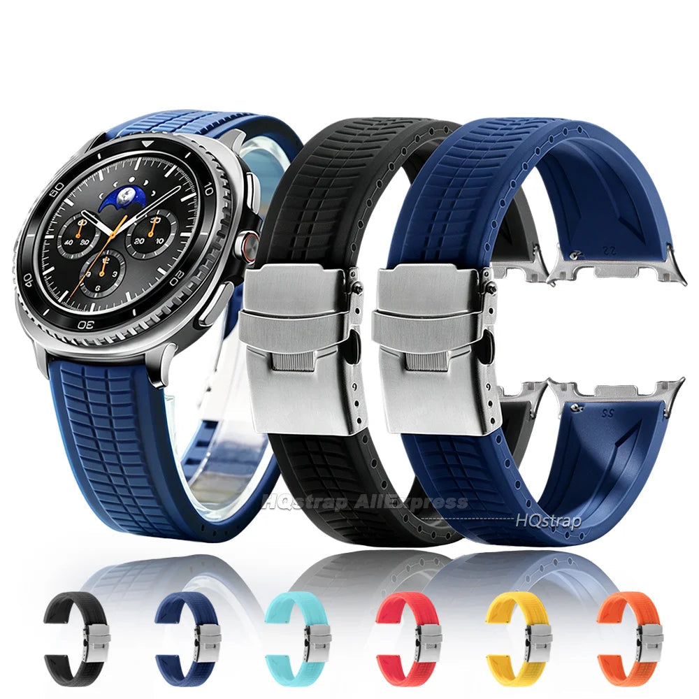 Samsung Galaxy Silicone Sport Watch Band - Watch8/Watch8 Classic/Watch9 Waterproof Buckle in blue and black with metal clasp.