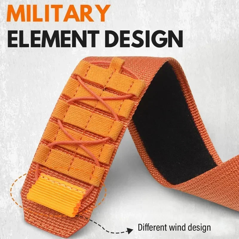 Close-up of military-style nylon strap with element design, showcasing durable materials and adjustable features.