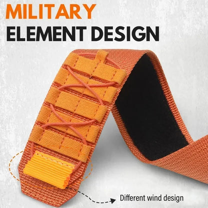 Close-up of military-style nylon strap with element design, showcasing durable materials and adjustable features.