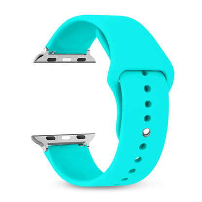 Apple Watch silicone strap in vibrant turquoise color, comfortable and waterproof for everyday wear.