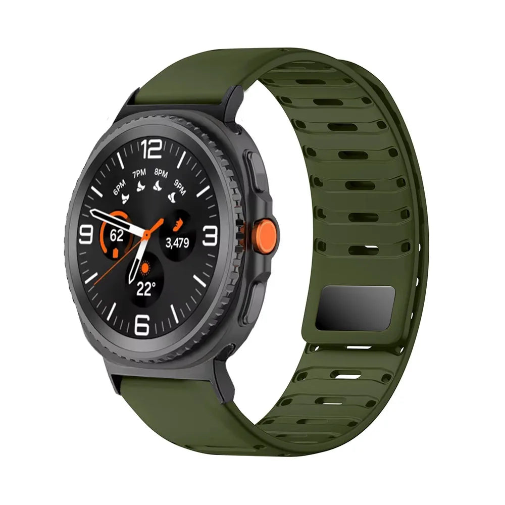 Samsung Galaxy Silicone Watch Band - Magnetic Watch8/Watch8 Classic/Watch9/Ultra/Ultra2 in army green with secure closure.