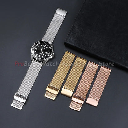 Milanese Mesh Sliding Clasp Band in silver on a watch with other colors