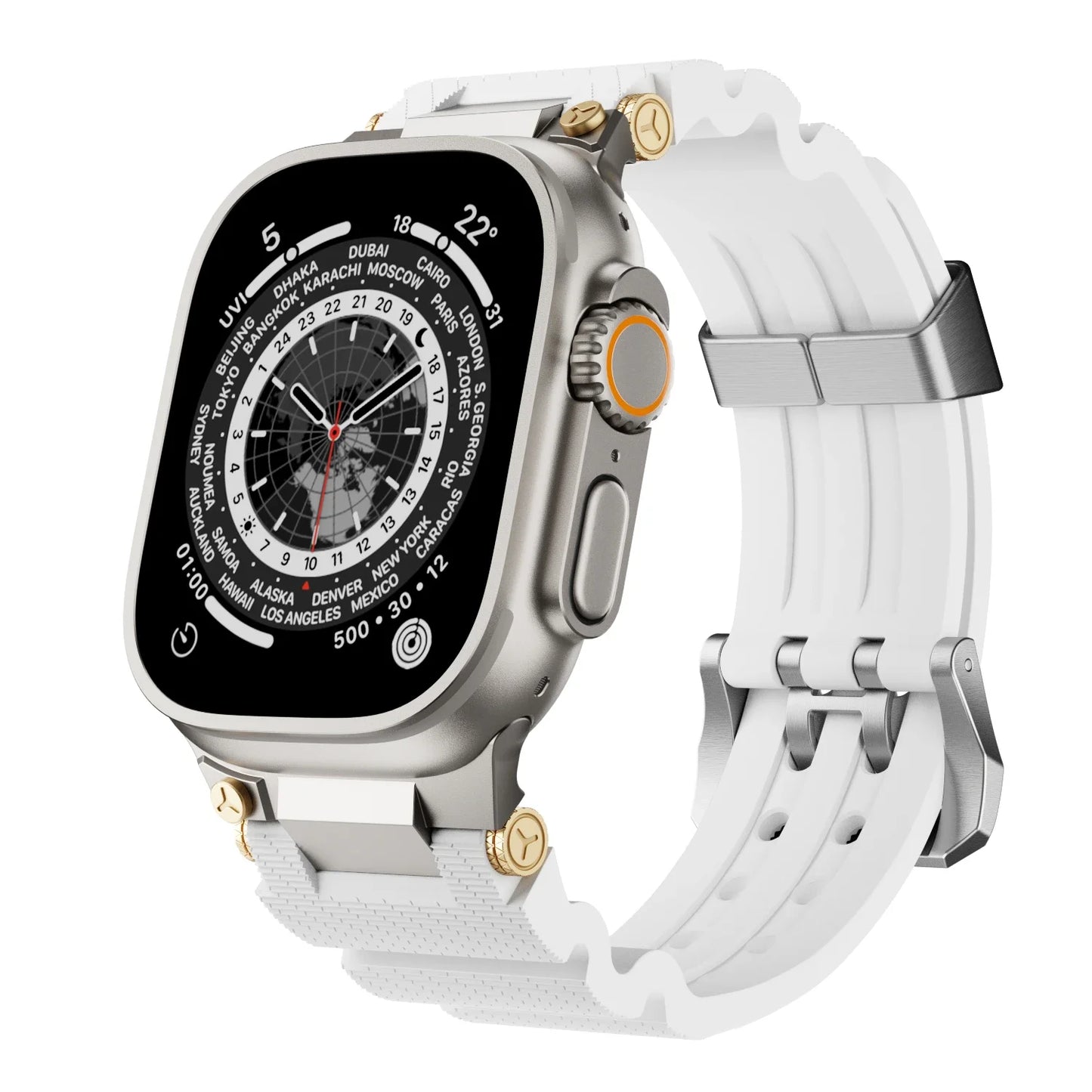 Apple Watch with silicone sports strap, waterproof rubber band, ideal for workouts and everyday wear.
