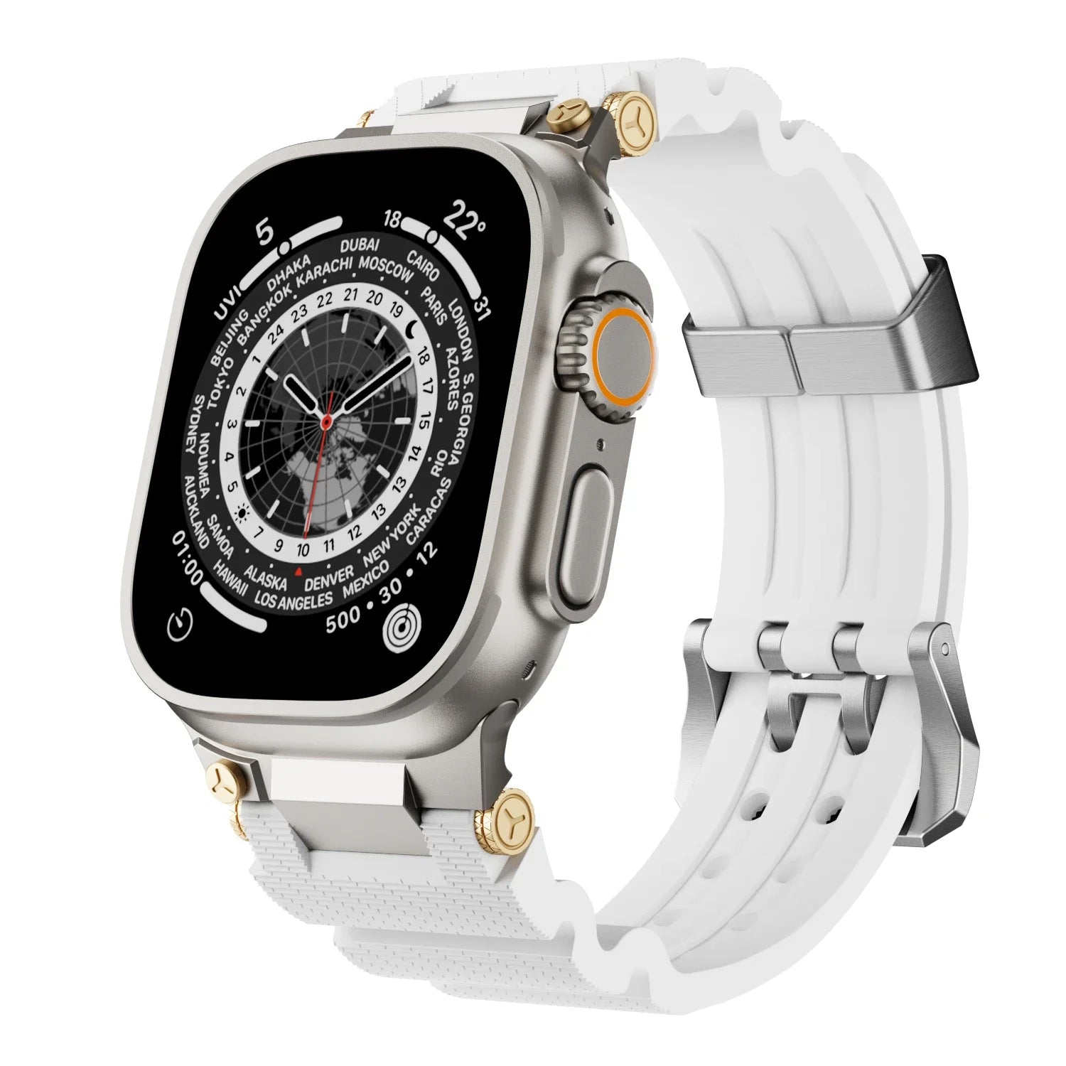 Apple Watch with silicone sports strap, waterproof rubber band, ideal for workouts and everyday wear.
