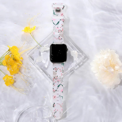 Apple Watch silicone strap with floral design, soft and comfortable, perfect for stylish smartwatch accessories.