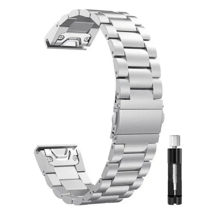 Stainless steel Garmin QuickFit band with adjustable links and tool for easy customization and secure fit.