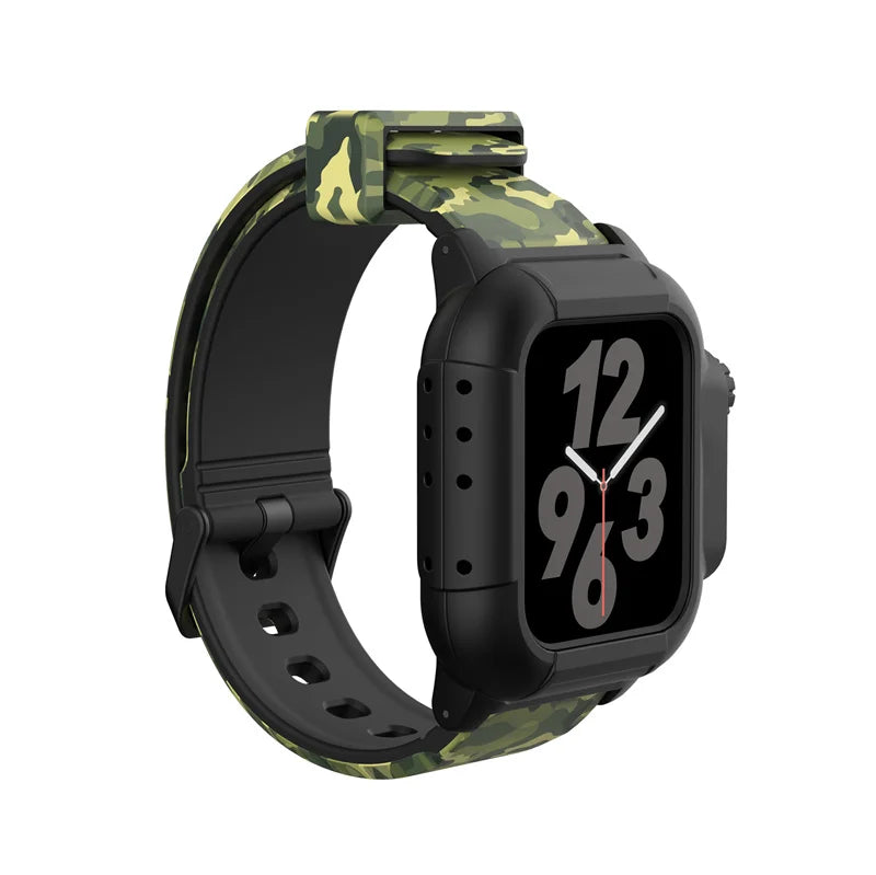 Apple Watch with black and green camo silicone strap, showcasing a sleek design and modern watch face.