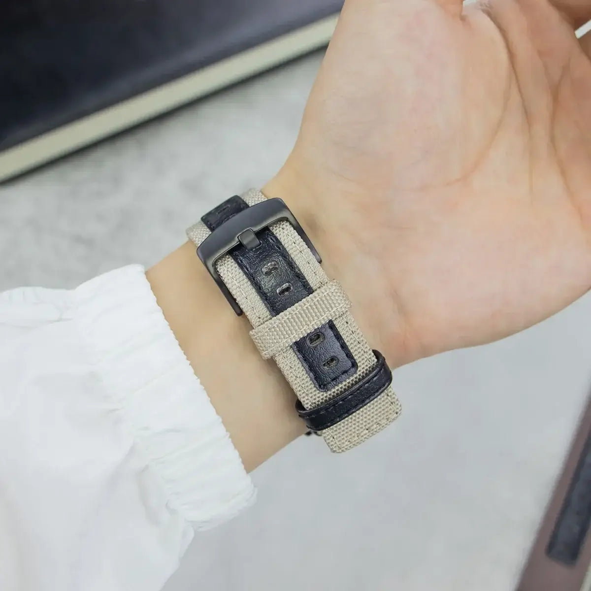 Fitbit Versa & Sense Nylon Band with Leather Details - Khaki band worn on wrist