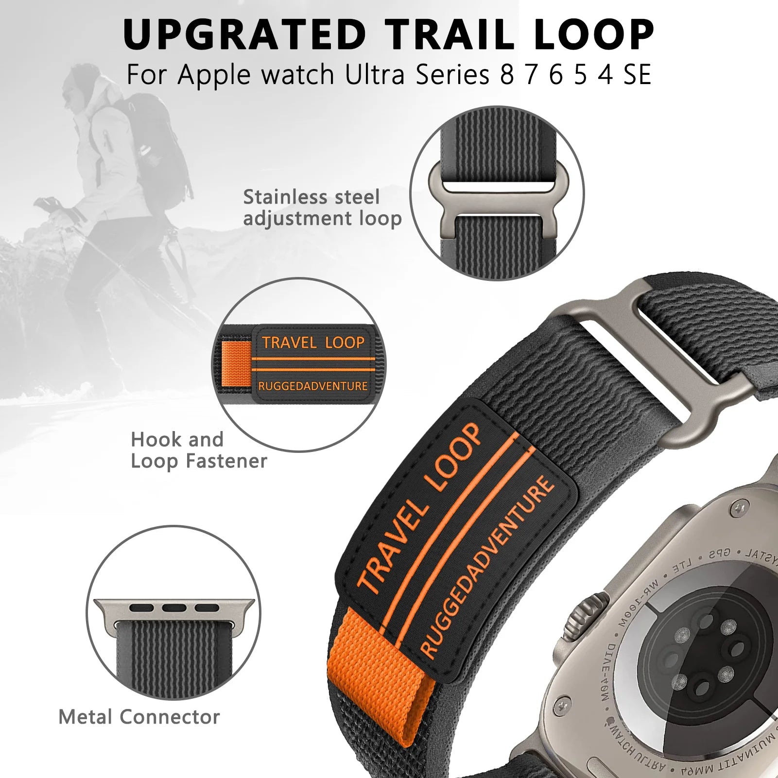 Apple Watch Rugged Trail Loop Nylon Band with adjustable stainless steel connector for outdoor adventures.