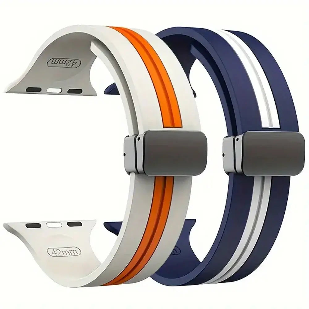 Ivory and navy striped silicone Apple Watch bands with black clasps