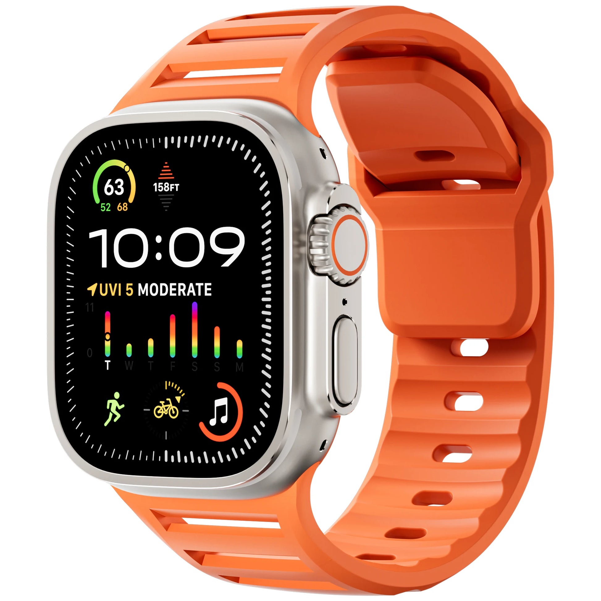 Apple Watch Sport with orange silicone strap, designed for comfort, flexibility, and waterproof use during workouts.