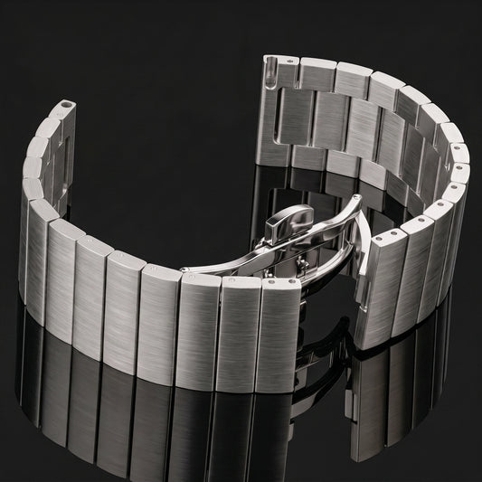 Brushed Stainless Steel Bracelet — butterfly clasp close-up