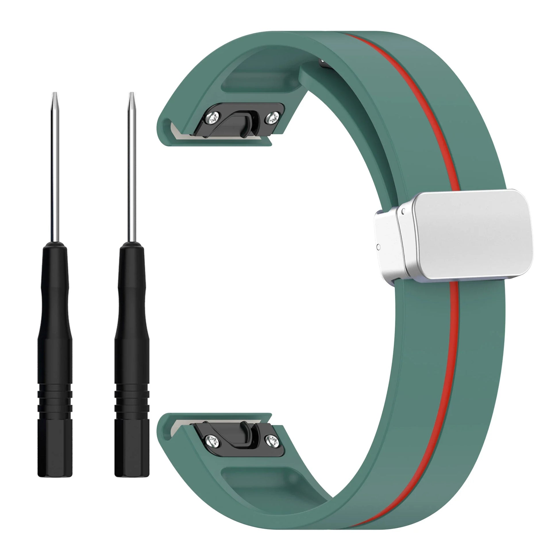 Garmin replacement band in teal silicone with red stripe and quickfit tools for smartwatch adjustment.
