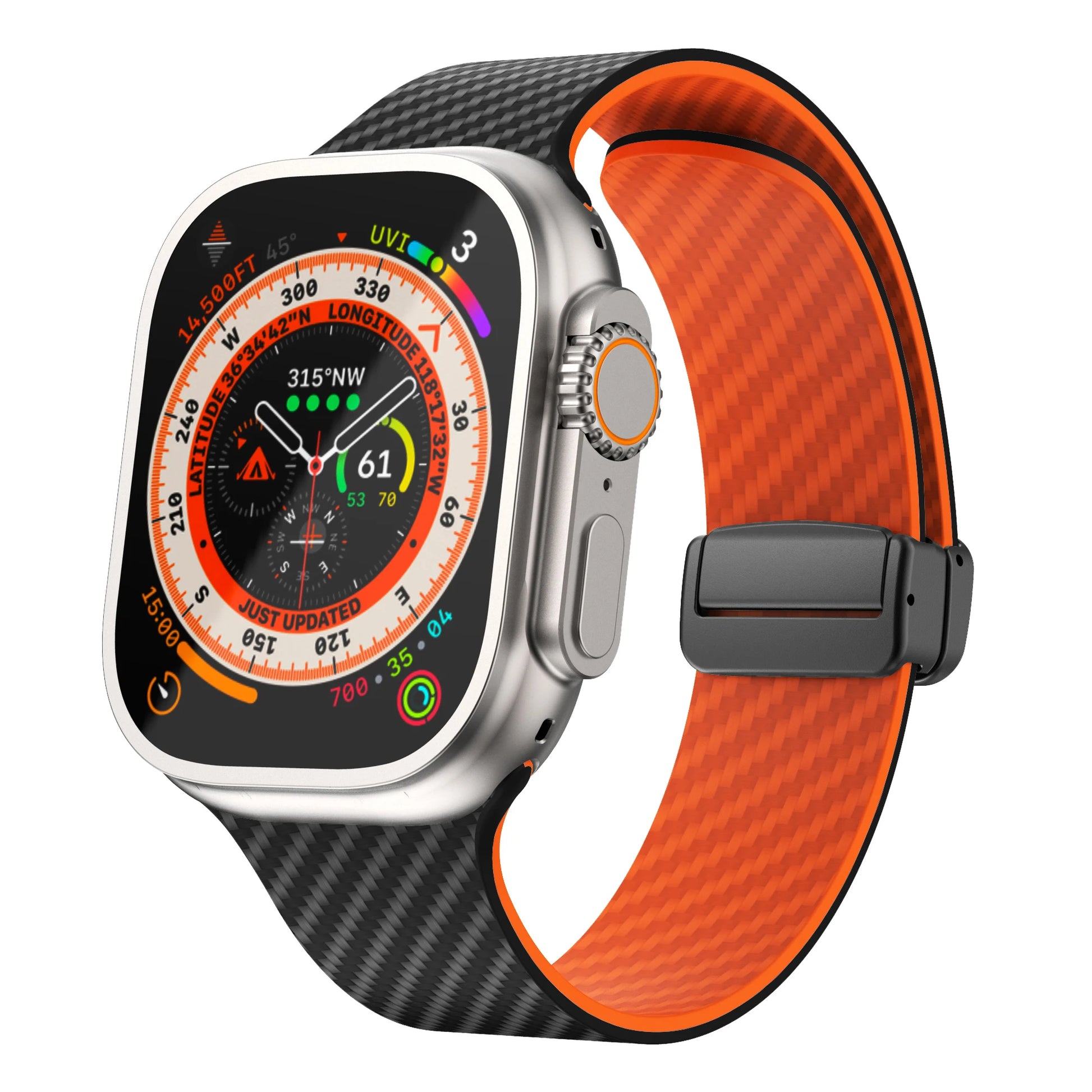 Apple Watch with black and orange silicone strap featuring a magnetic buckle and a vibrant display for ultimate style and comfort.