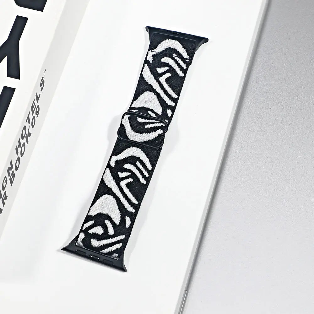 Stretch Nylon Apple Watch Loop - Solid & Patterned in Black / White Zebra