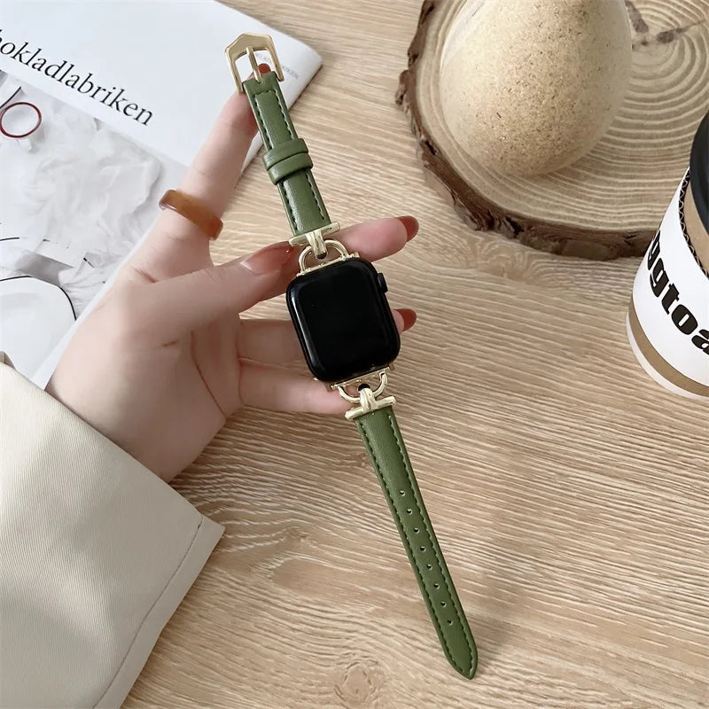 Apple Watch genuine leather strap in green, showcasing its classic design and durable material.