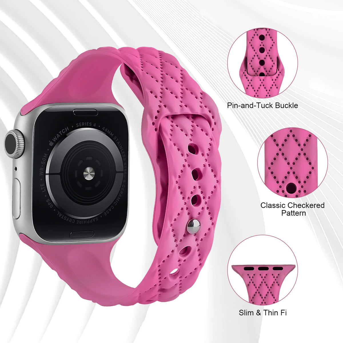 Pink silicone strap with engraved diamond-pattern details for Apple Watch
