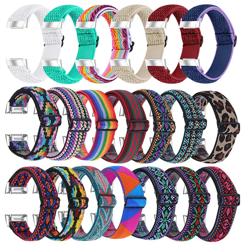 Variety of colorful nylon straps for Fitbit Charge 6, showcasing different patterns and designs for smartwatch bands.