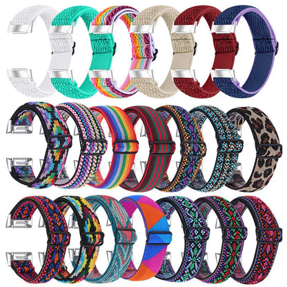 Variety of colorful nylon straps for Fitbit Charge 6, showcasing different patterns and designs for smartwatch bands.