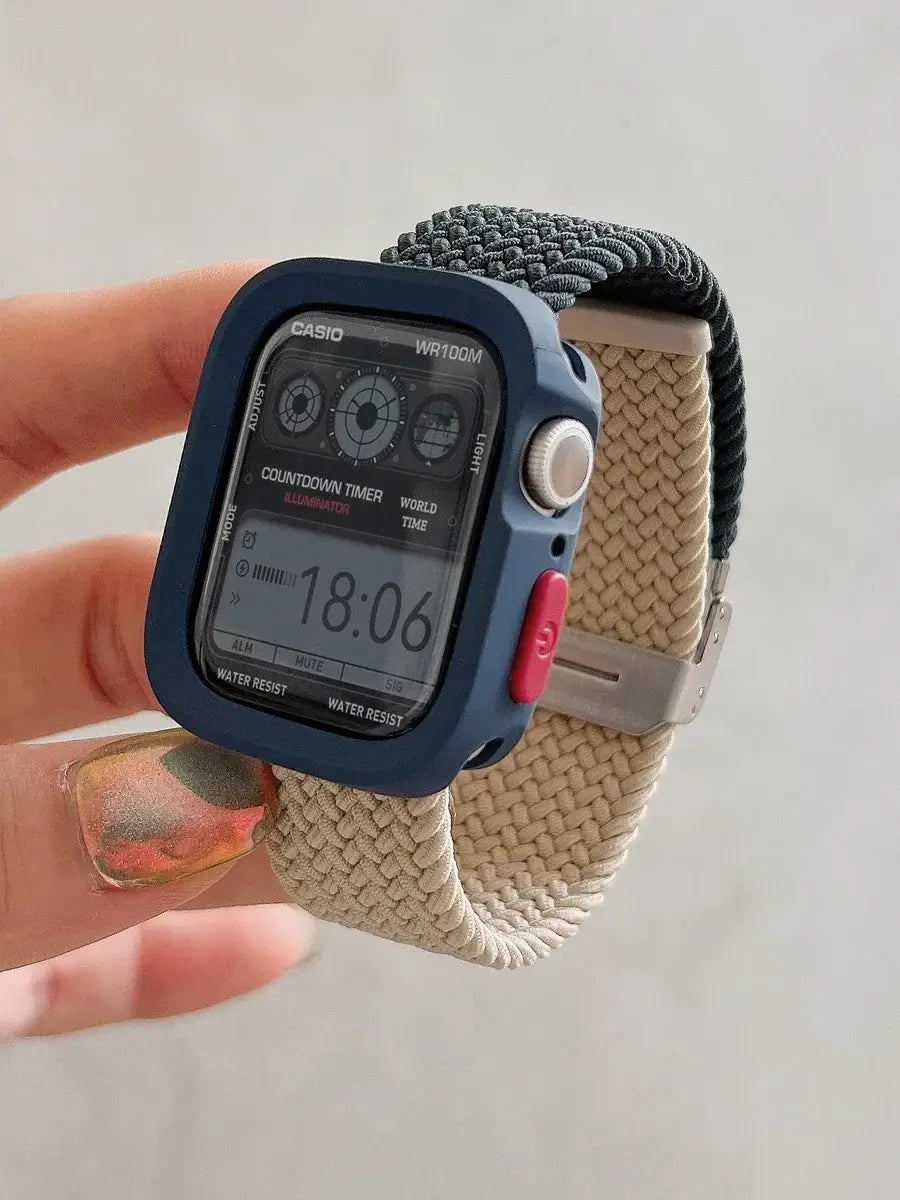 Navy Case - Navy / Beige woven nylon Apple Watch band with matching case