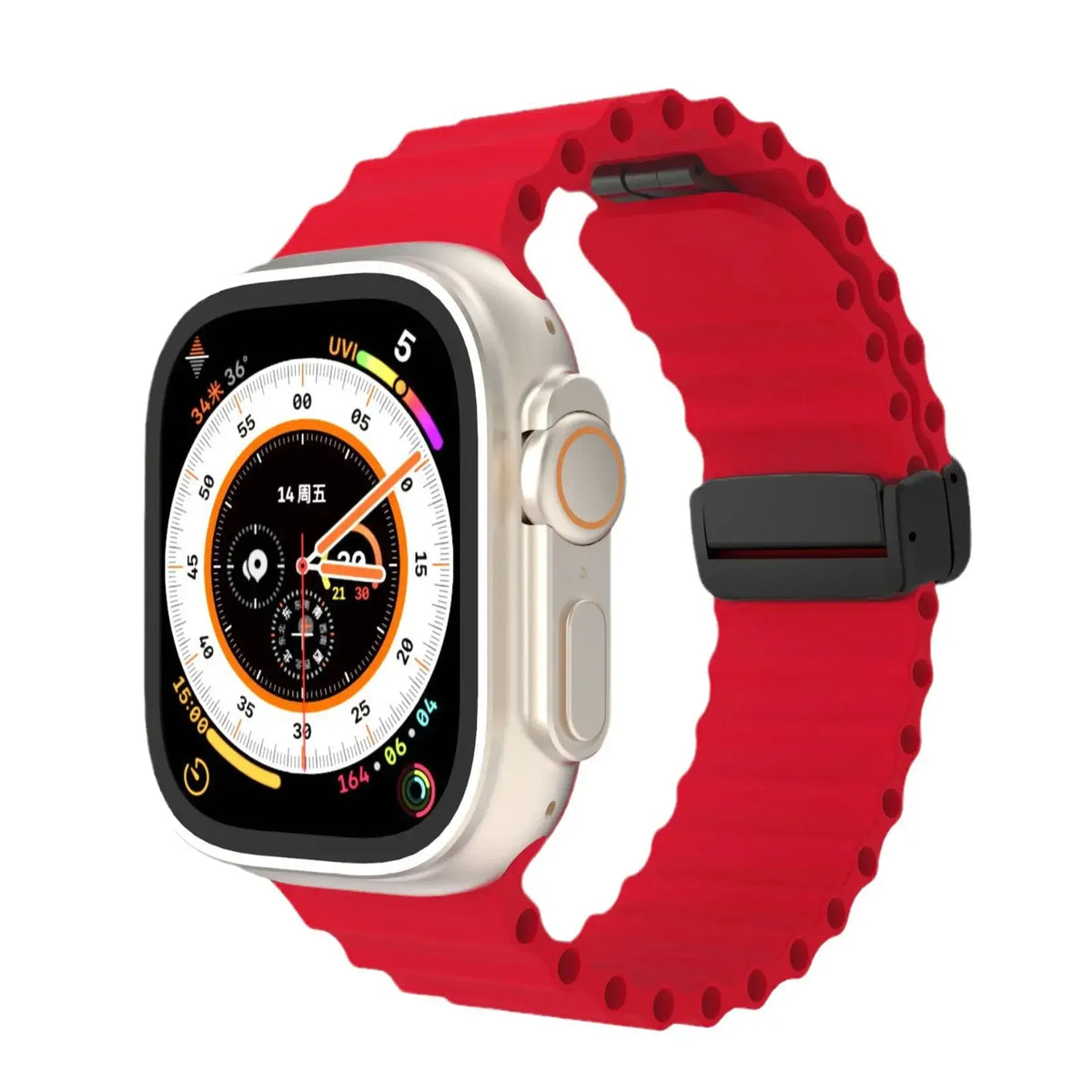 Red ridged silicone Apple Watch band with magnetic clasp