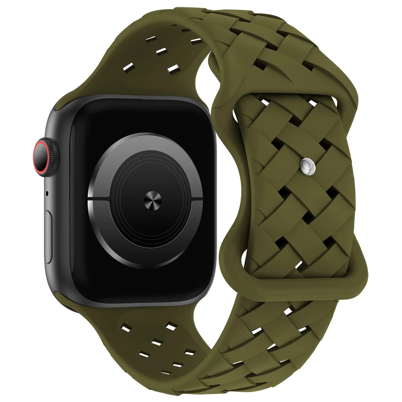 Apple Watch with olive green silicone strap, breathable design for active lifestyles and all-day comfort.