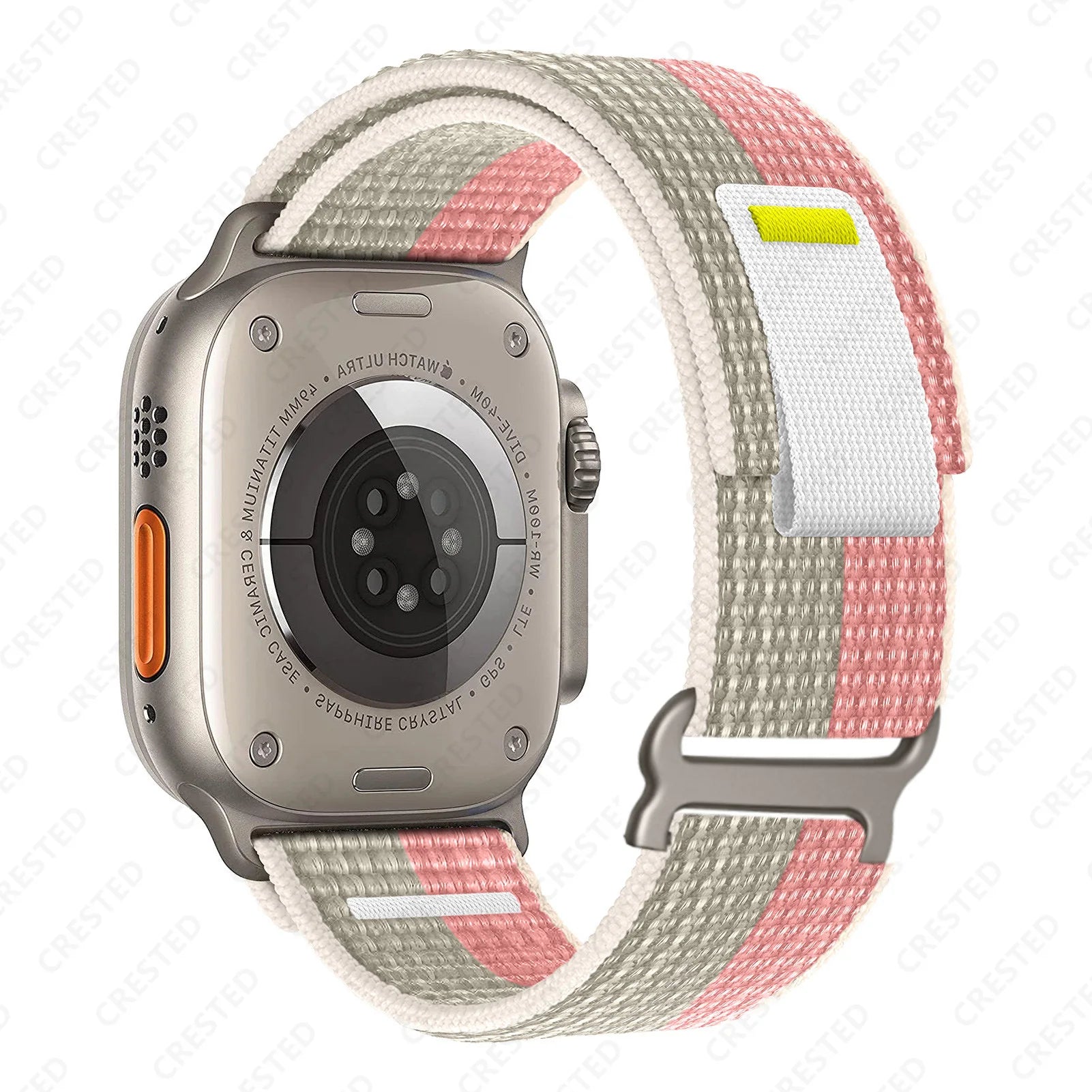 Apple Watch with Trail Loop Nylon Strap in pink and gray, showcasing durable, lightweight design for comfort and versatility.
