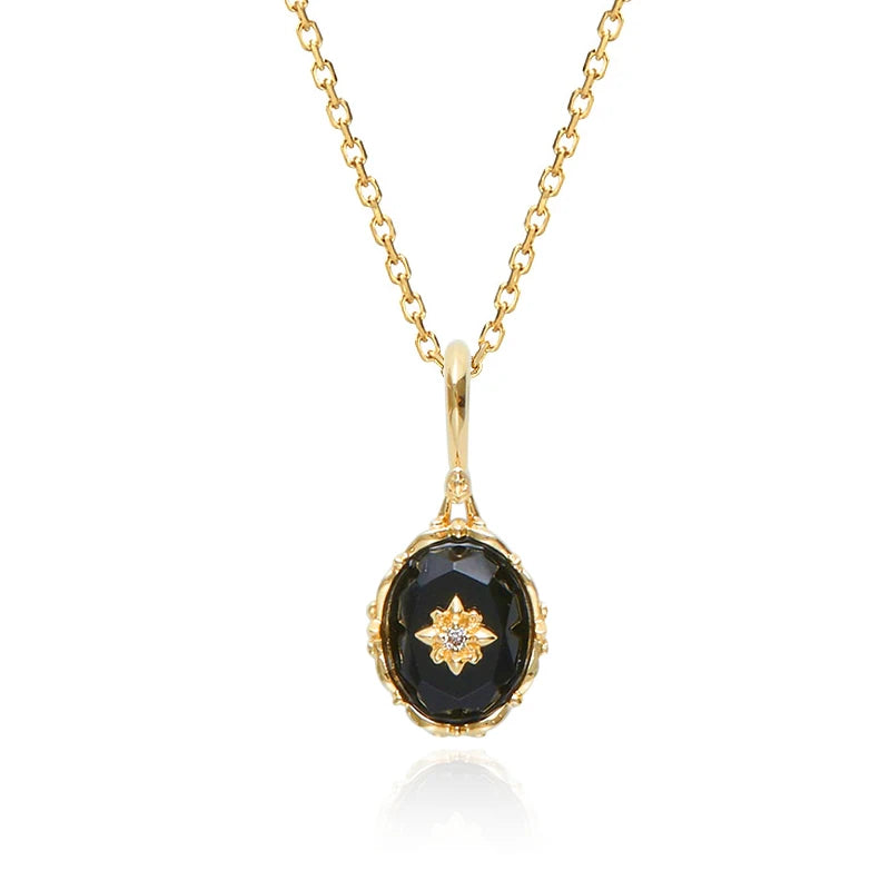 Black Agate Vintage Pendant Necklace, Gold Vermeil - view 1