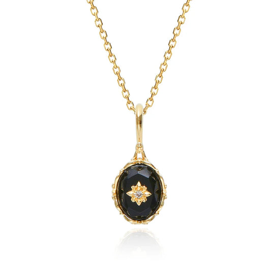 Black Agate Vintage Pendant Necklace, Gold Vermeil - view 1