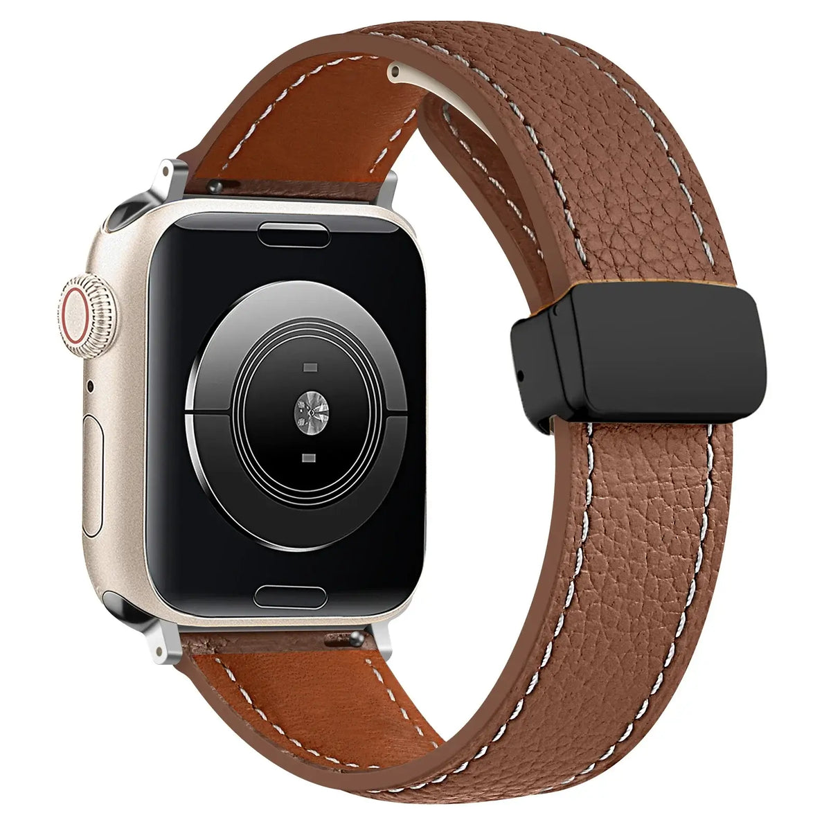 Stitched leather Apple Watch band in Brown, with black folding clasp.