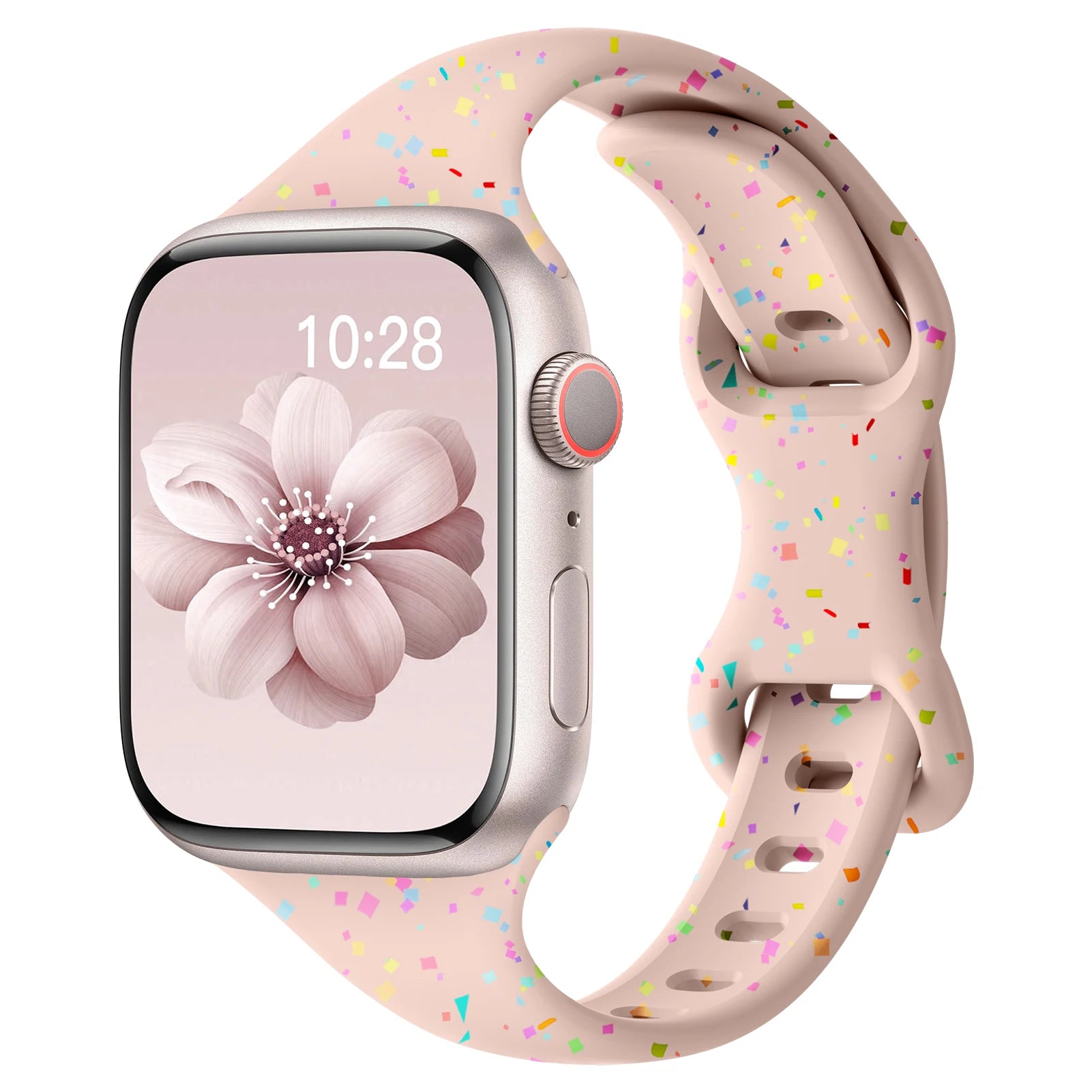 Apple Watch with colorful silicone band, featuring a soft, flexible design for comfort and style.