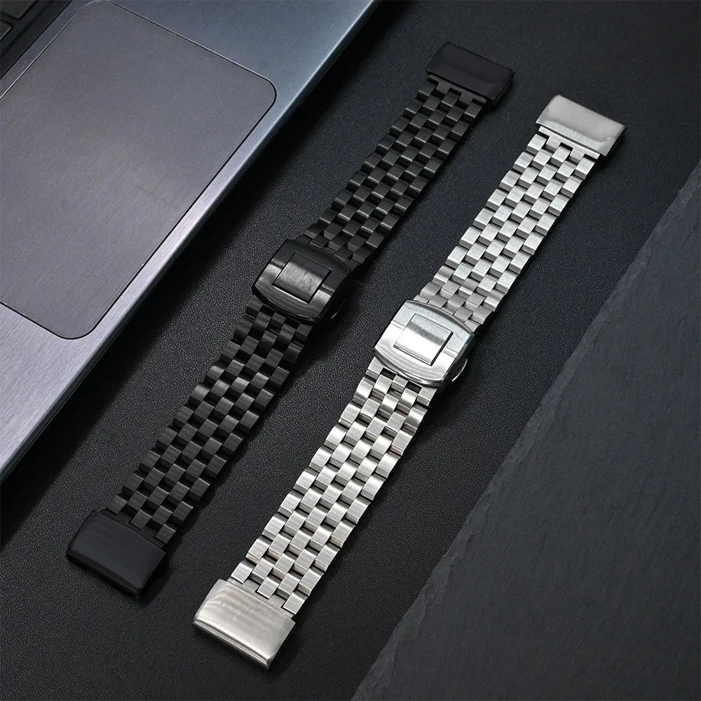 Garmin stainless steel and black band straps for smartwatch replacement, showcasing durability and style.