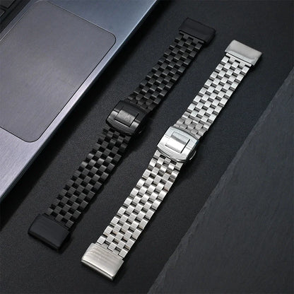 Garmin stainless steel and black band straps for smartwatch replacement, showcasing durability and style.