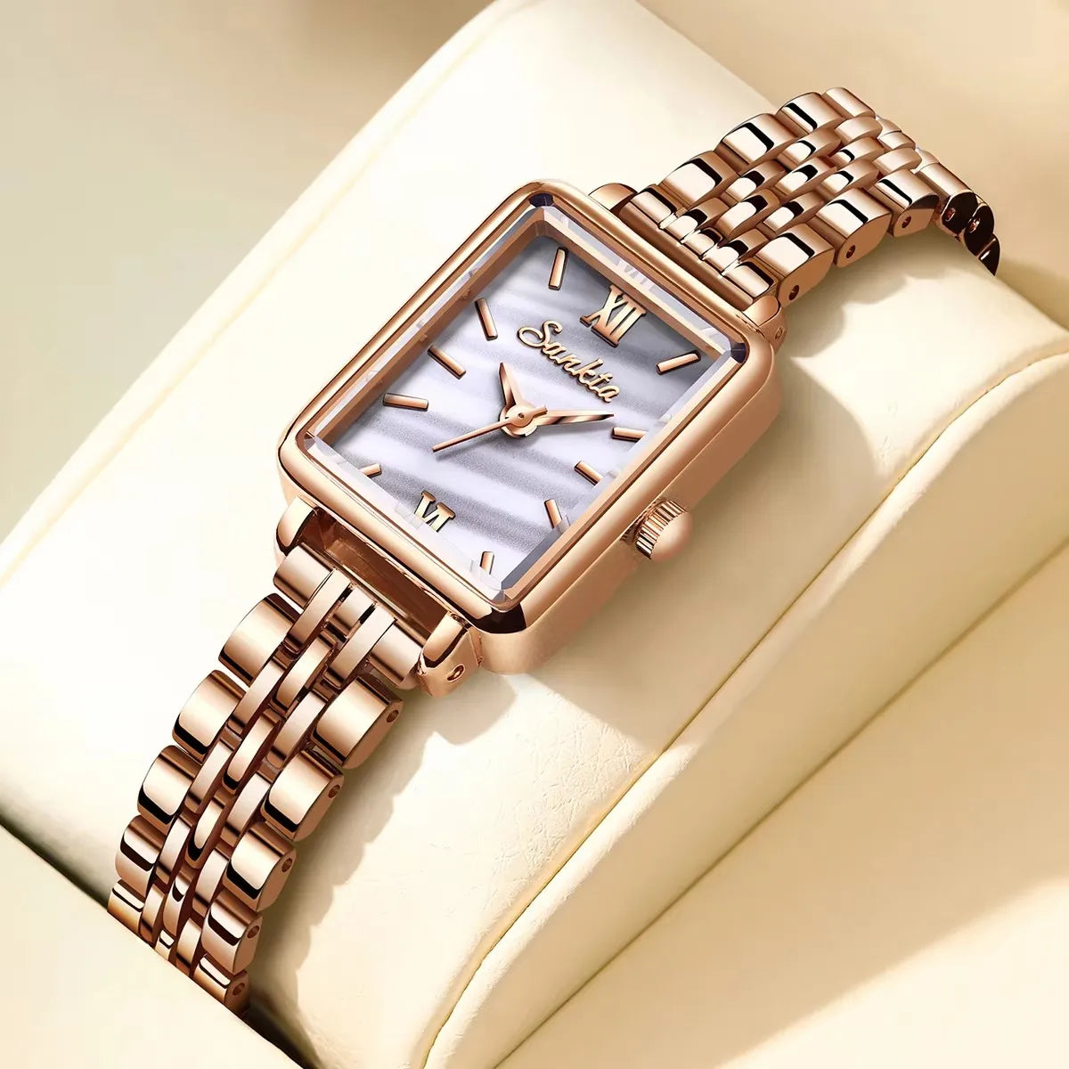 Women's Rectangular Pearl-Effect Dial Watch — White pearl-effect dial close-up — BandsCo Straps