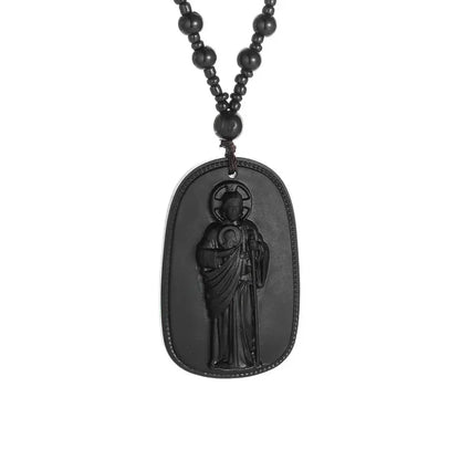 Carved Obsidian Religious Pendant Necklace on Obsidian Bead Chain