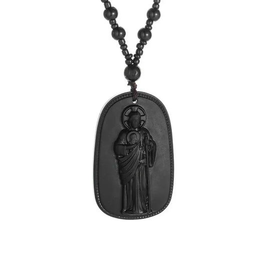 Carved Obsidian Religious Pendant Necklace on Obsidian Bead Chain