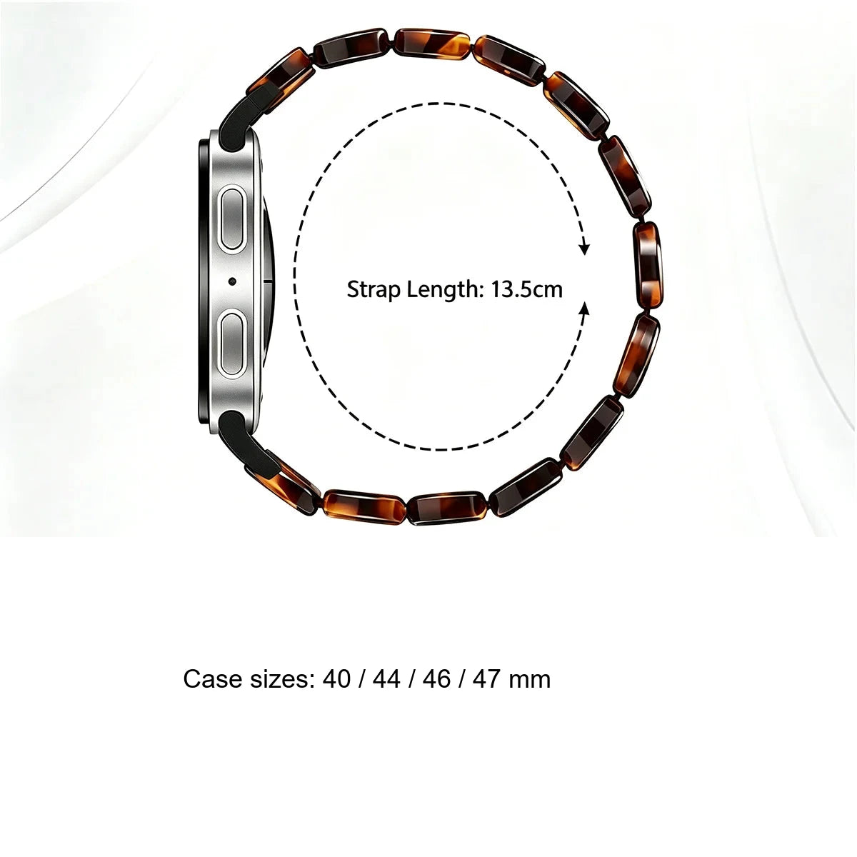 Samsung Galaxy Resin Link Watch Band – Metal Connector Watch8/Watch8 Classic/Watch9 with compatible sizes shown.