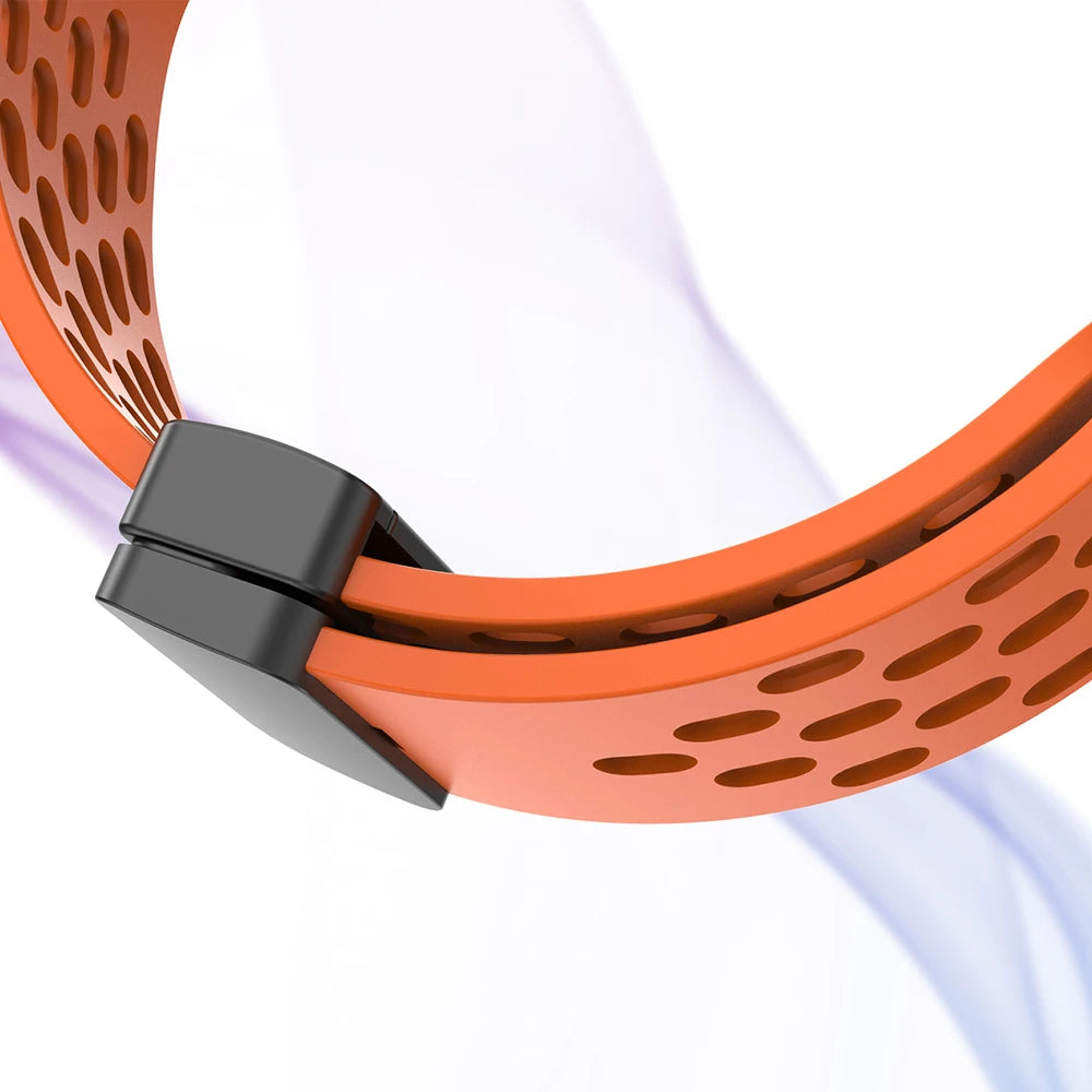 Motorola Moto Perforated Silicone Band with Magnetic Clasp — Orange strap and folding clasp detail