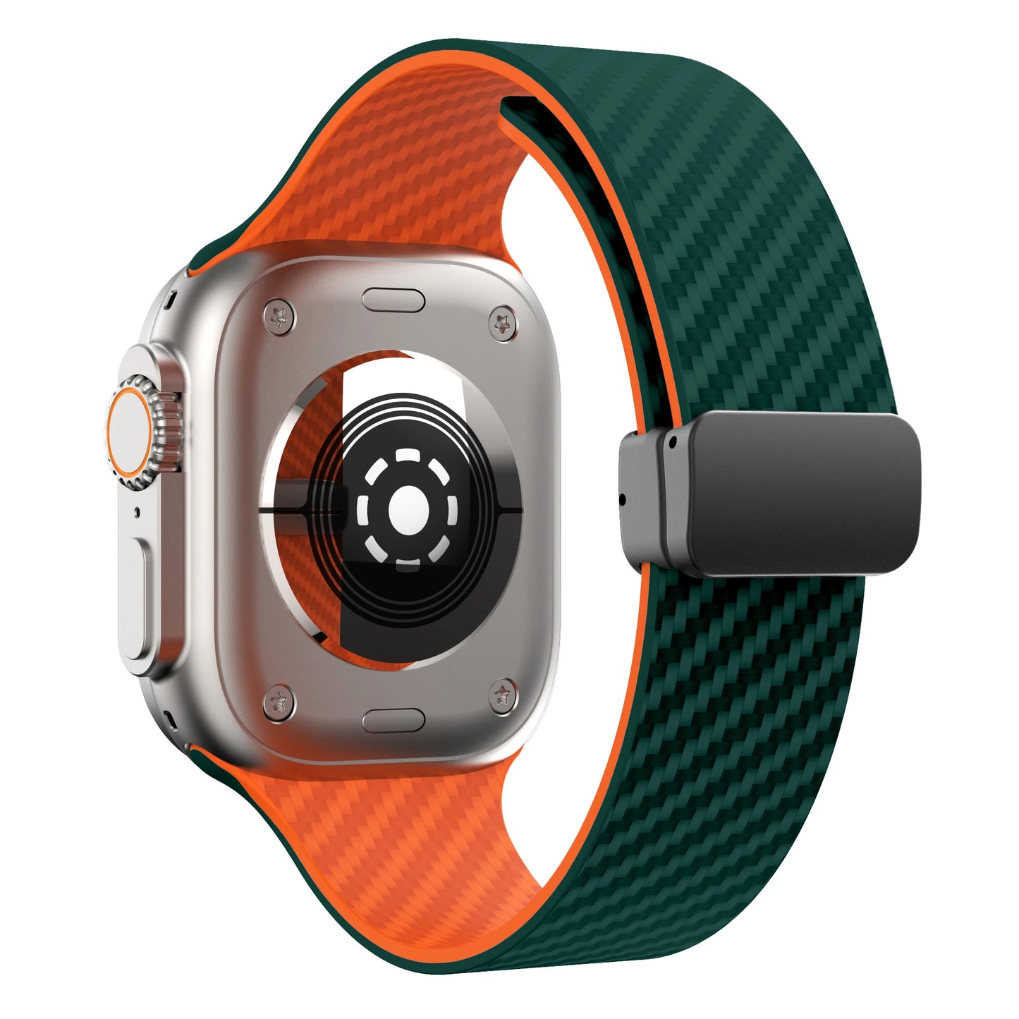 Apple Watch with green and orange silicone strap, featuring a magnetic buckle for secure closure and comfort.